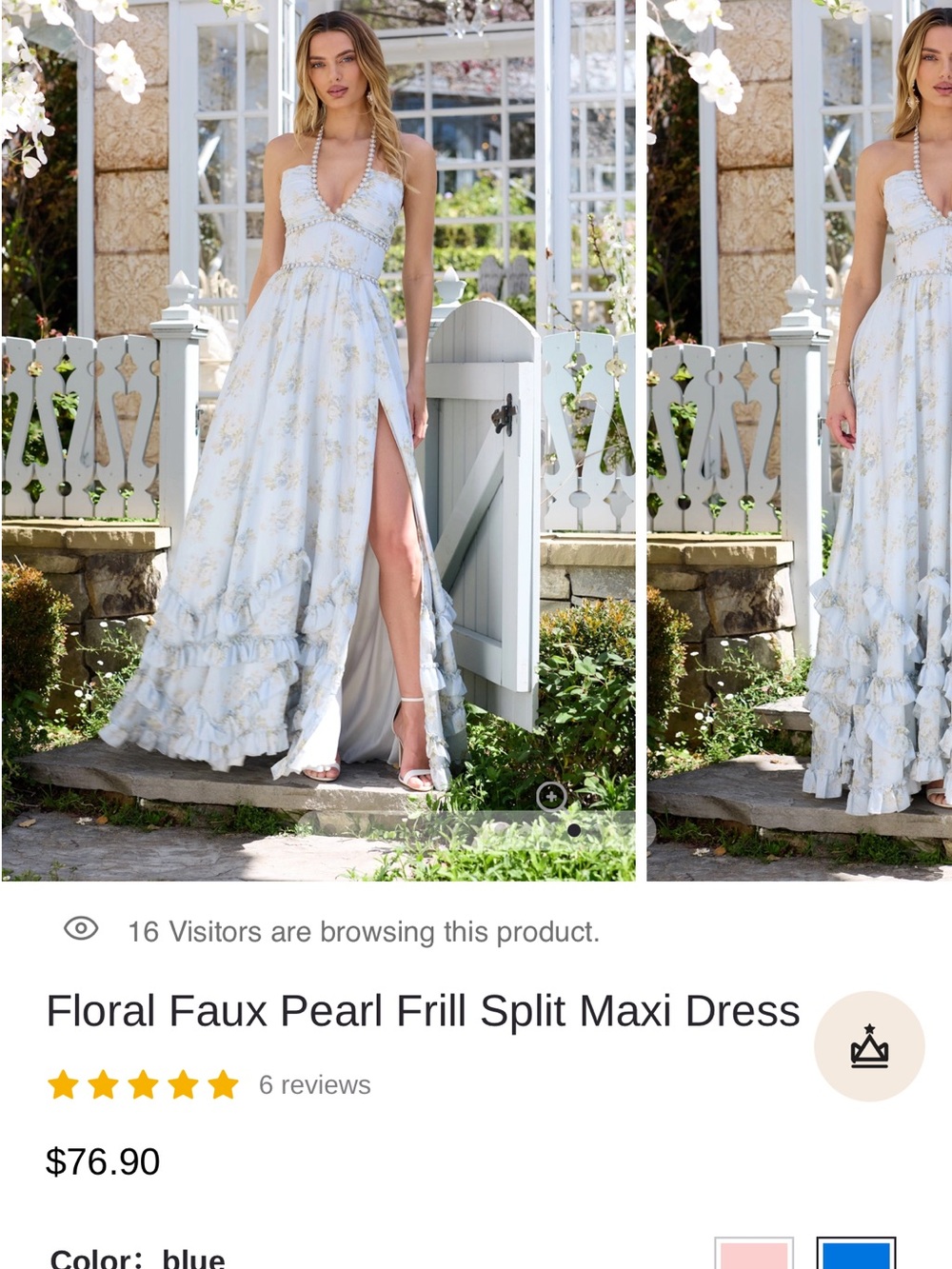 Elegant Blue Floral Maxi Dress with Frill Split